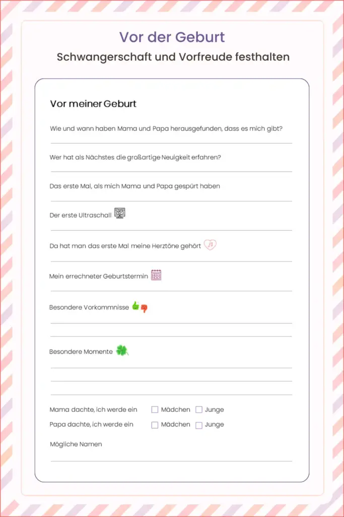Innenansicht aus einem Babytagebuch mit Erinnerungen vor der Geburt und Ultraschallmomenten