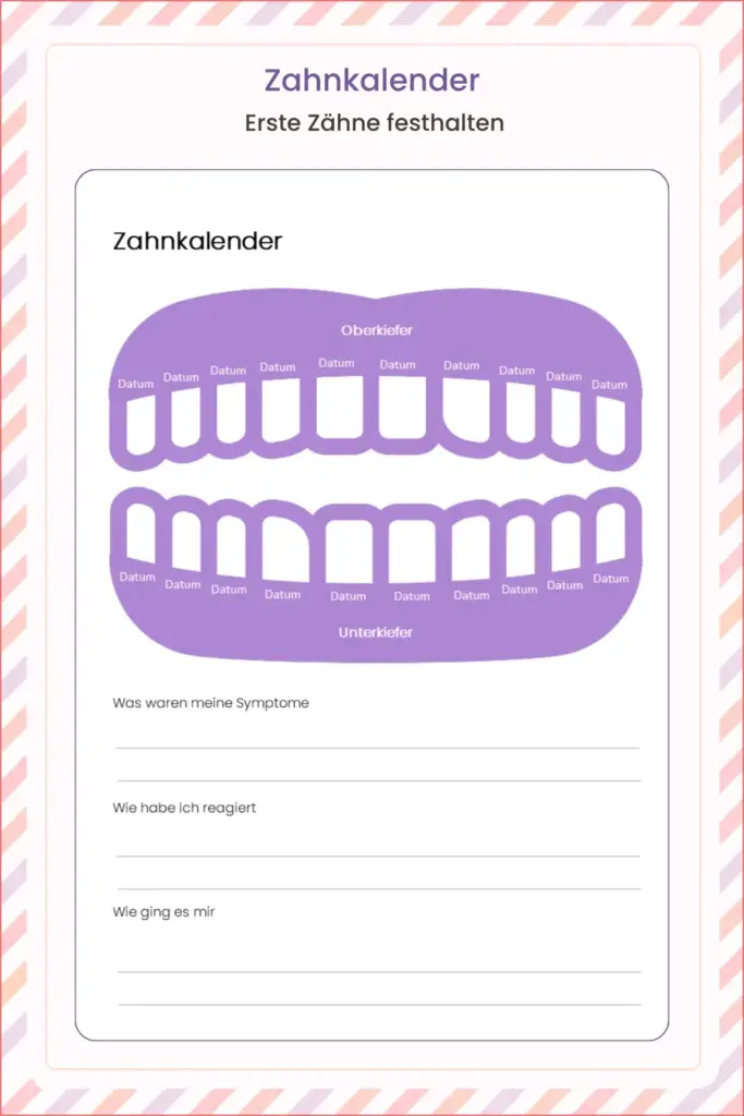 Babytagebuch Zahnkalender zum Eintragen der ersten Zähne im Oberkiefer und Unterkiefer