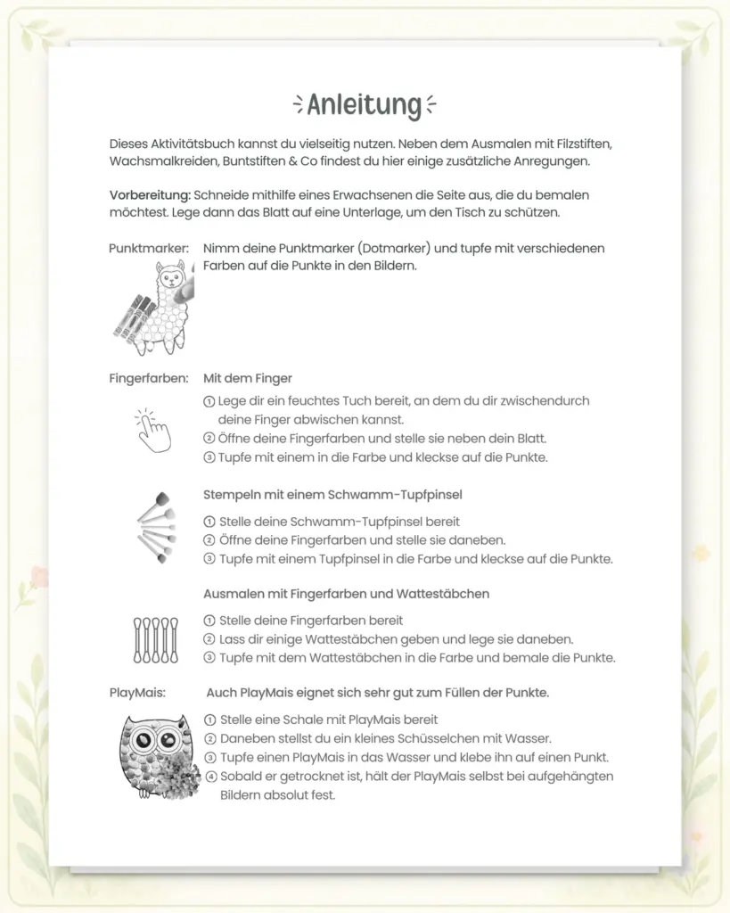 Anleitung aus dem Fingerstempelbuch mit Ideen für Punktmarker, Fingerfarben, Tupfpinsel, Wattestäbchen und PlayMais