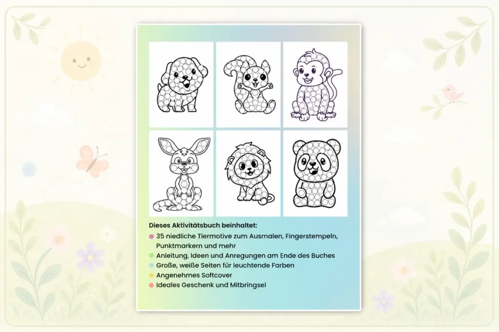 Beispielseiten aus dem Fingerstempelbuch mit Hund, Eichhörnchen, Affe, Känguru, Löwe und Panda