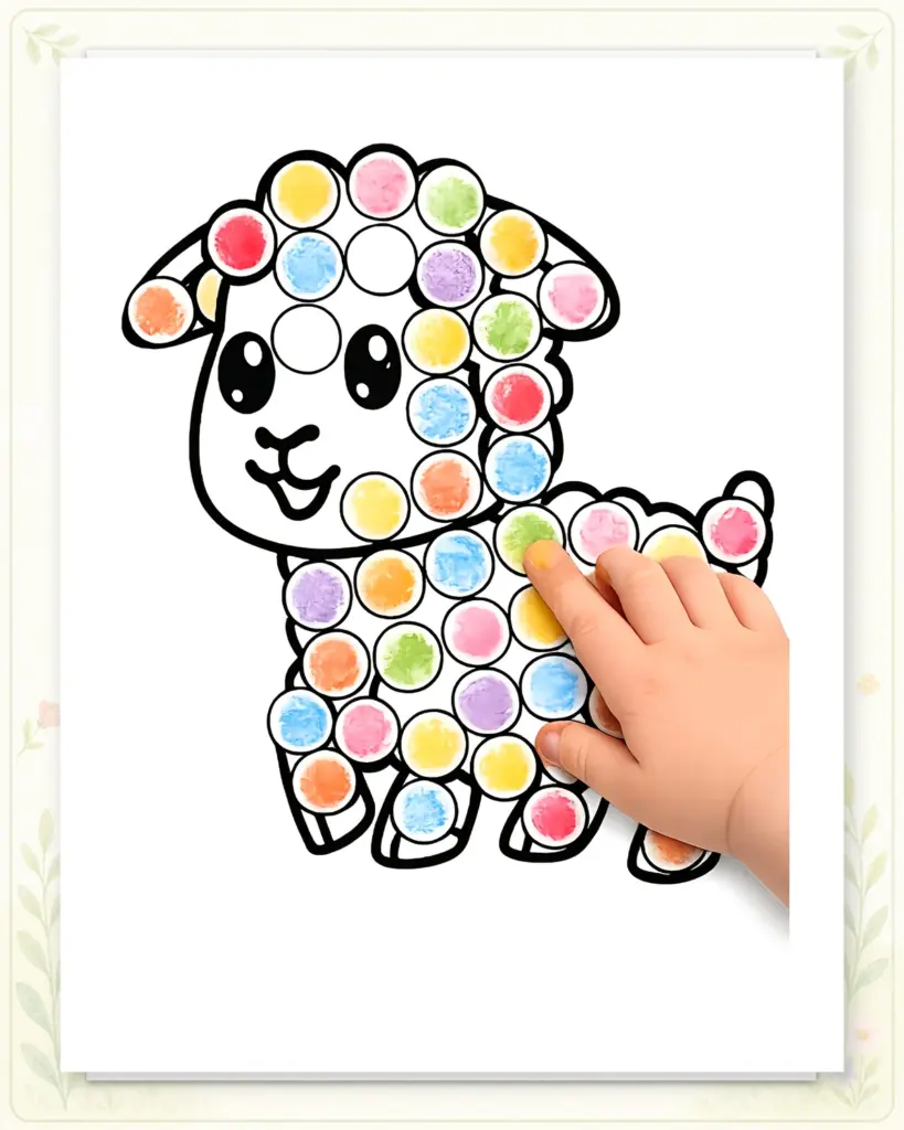 Kinderhand gestaltet ein Schaf aus dem Fingerstempelbuch mit Fingerfarben