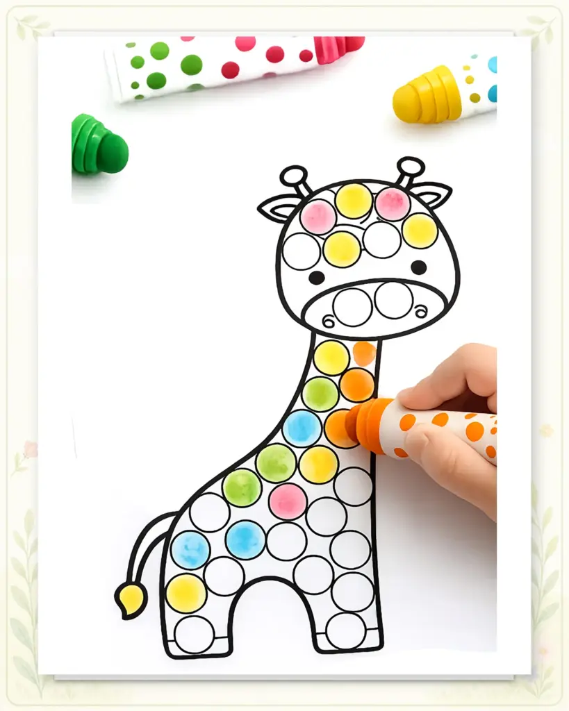 Kinderhand gestaltet eine Giraffe aus dem Fingerstempelbuch mit einem Punktmarker