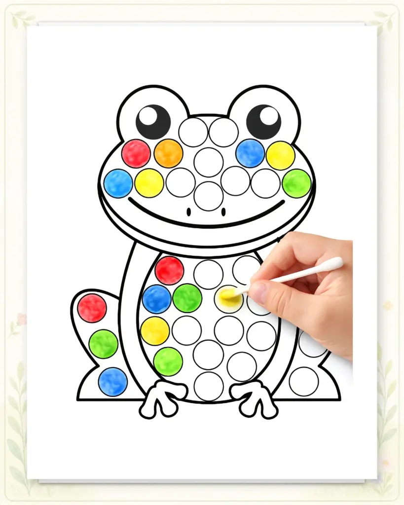 Kinderhand tupft mit einem Wattestäbchen Farbe auf ein Froschmotiv