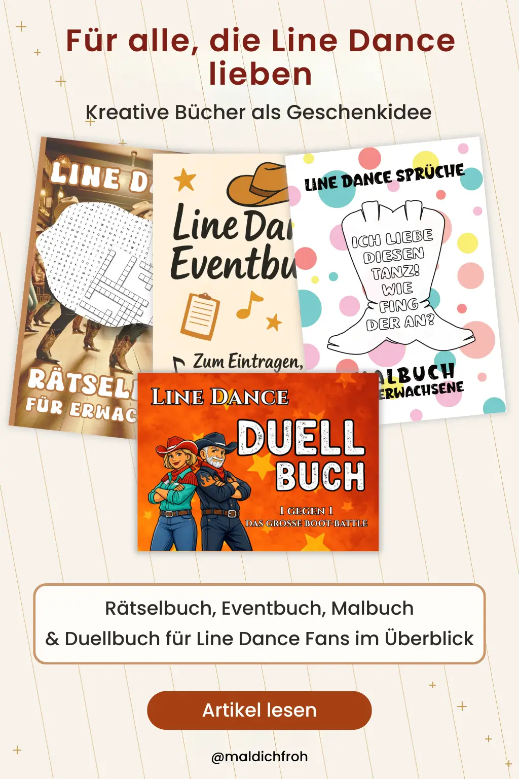 Pin-Grafik mit vier Line Dance Büchern als Geschenkidee: Rätselbuch, Eventbuch, Malbuch und Duellbuch