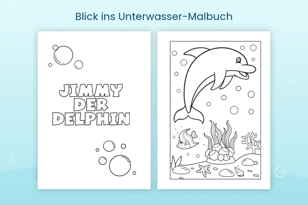 Ausmalbild mit einem Delfin in einer Unterwasserlandschaft
