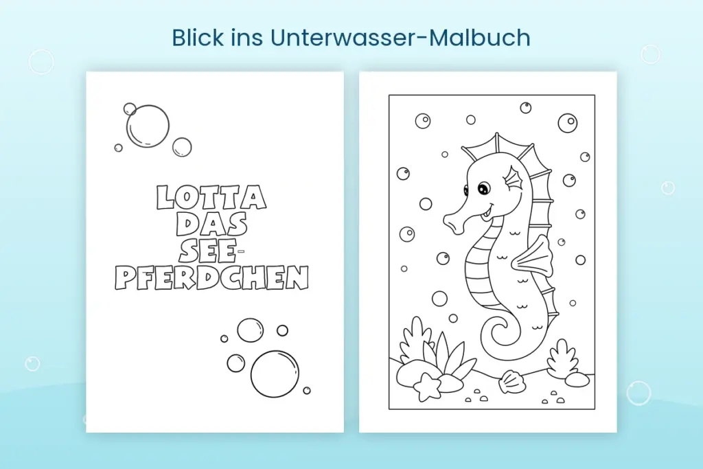 Ausmalbild mit einem Seepferdchen zwischen Pflanzen und kleinen Fischen