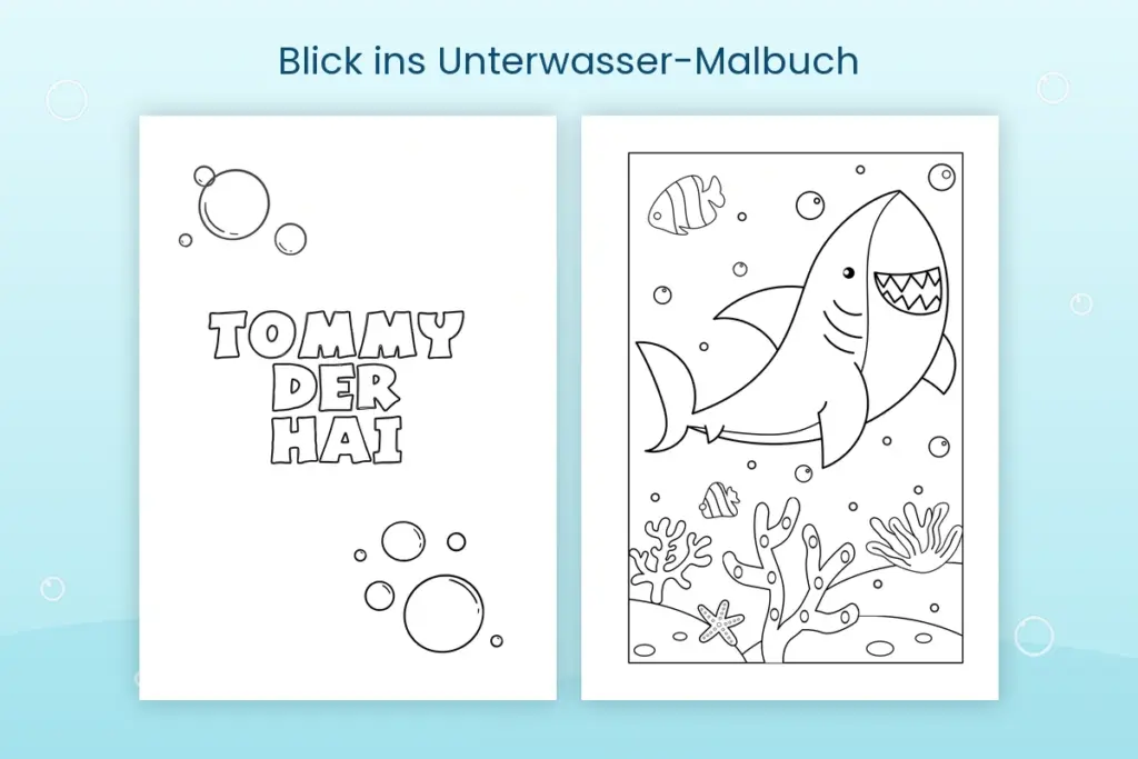 Ausmalbild mit einem Hai, Fischen und Korallen unter Wasser