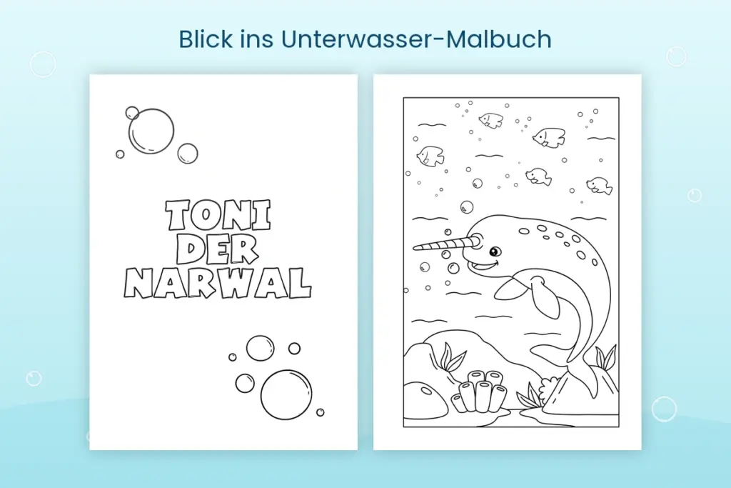 Ausmalbild mit einem Narwal in einer Unterwasserlandschaft