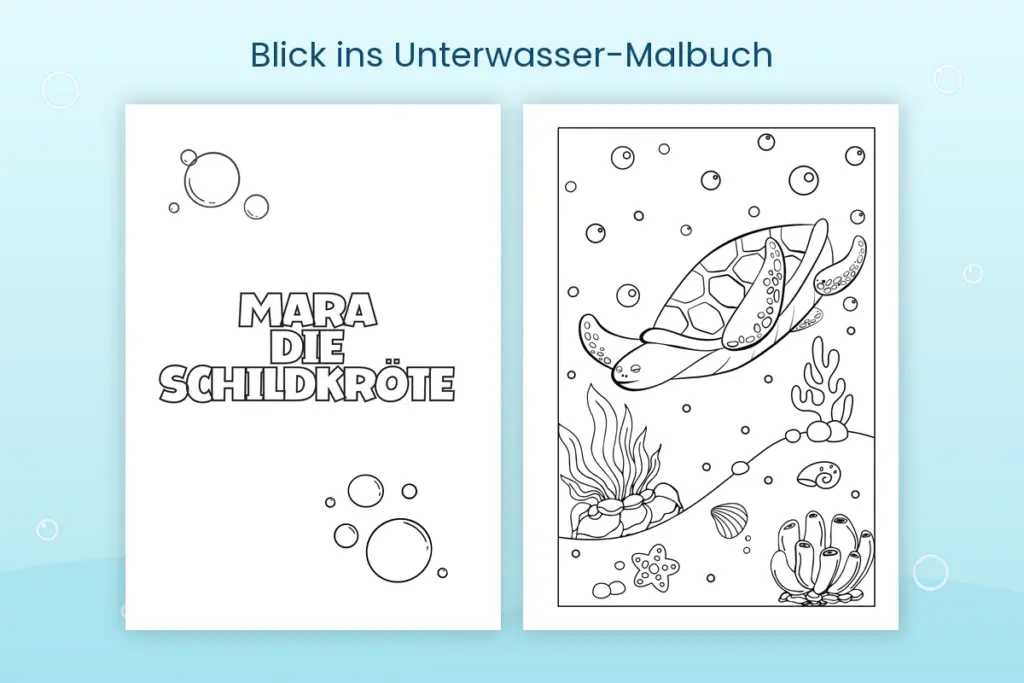 Ausmalbild mit einer Meeresschildkr&ouml;te, Muscheln und Wasserpflanzen