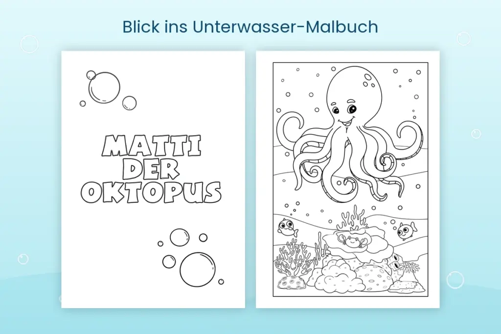 Ausmalbild mit einem Oktopus zwischen Korallen und Wasserpflanzen