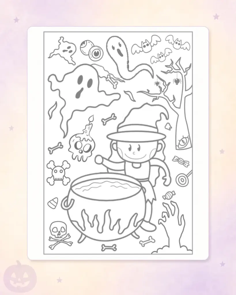Halloween-Ausmalbild mit Hexe, Gespenstern und brodelndem Kessel