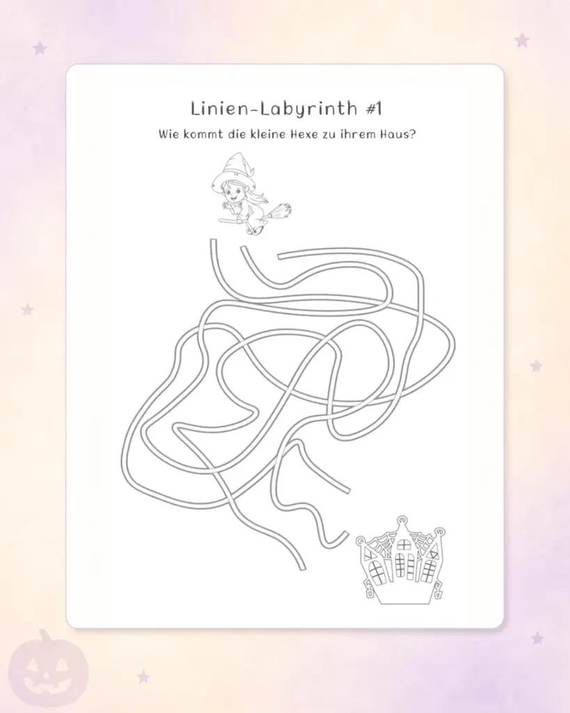 Linien-Labyrinth mit einer kleinen Hexe auf dem Weg zu ihrem Haus