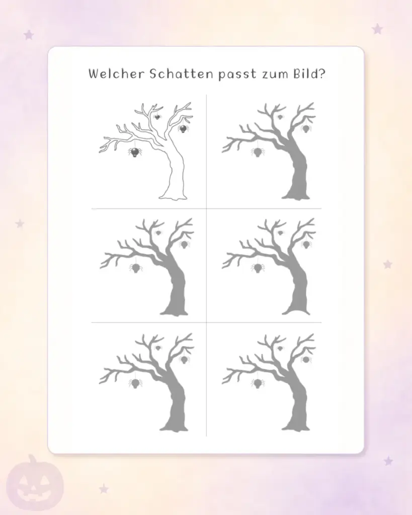 Schattenrätsel mit einem Baum und mehreren ähnlichen Silhouetten