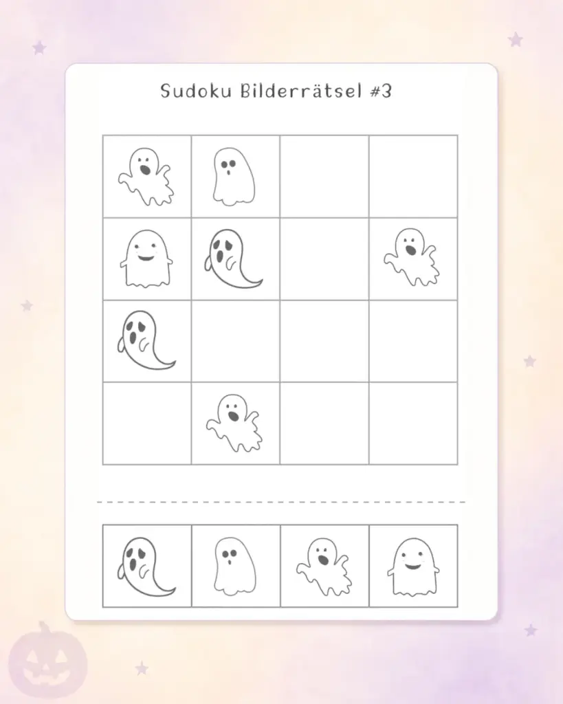 Bilder-Sudoku mit vier verschiedenen freundlichen Gespenstern
