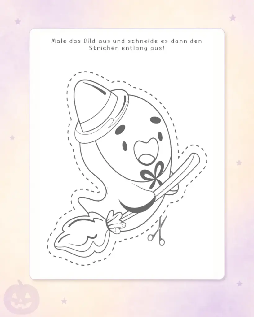 Halloween-Motiv mit kleiner Hexe zum Ausmalen und Ausschneiden