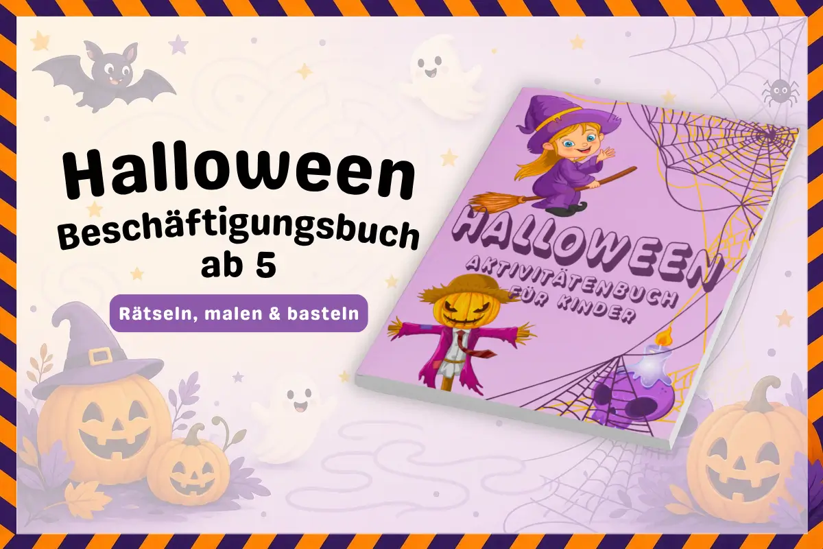Halloween-Besch&auml;ftigungsbuch f&uuml;r Kinder ab 5 Jahren mit Buch-Mockup und Halloween-Motiven