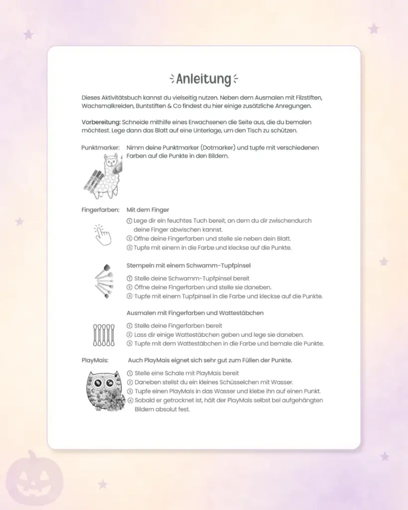 Anleitung mit Ideen f&uuml;r Punktmarker, Fingerfarben, Tupfpinsel, Wattest&auml;bchen und PlayMais
