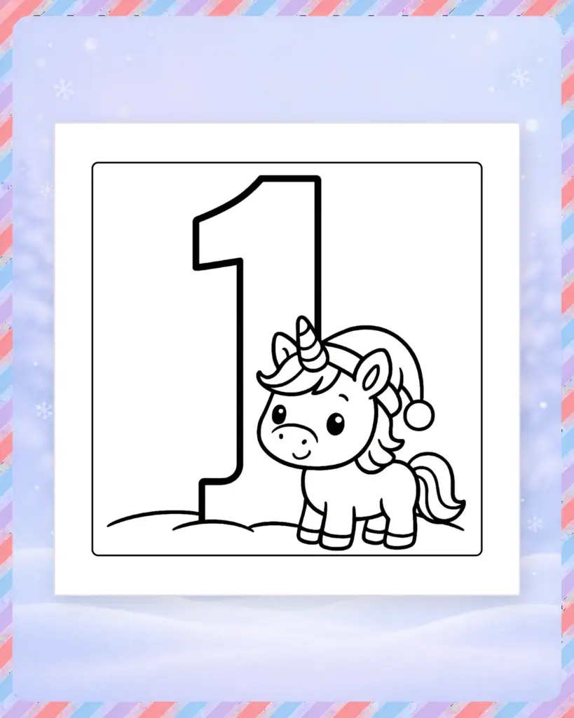 Ausmalbild für den 1. Dezember mit kleinem Einhorn und Weihnachtsmütze