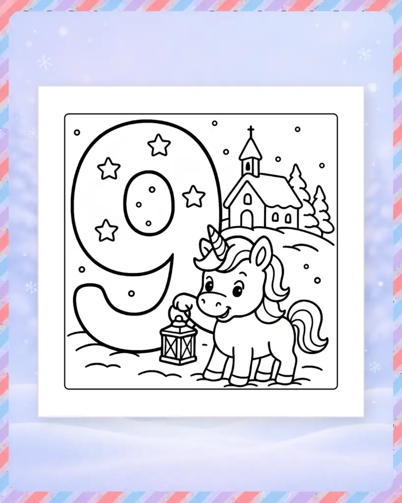 Ausmalbild für den 9. Dezember mit Einhorn, Laterne und verschneiter Kirche