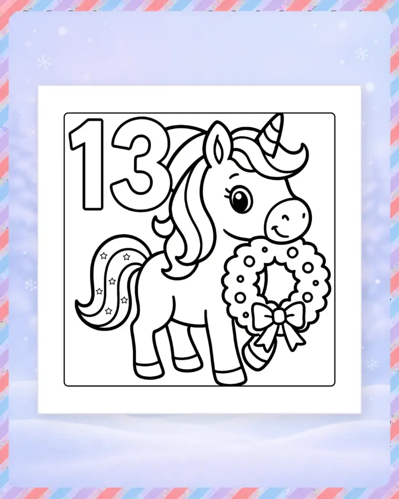 Ausmalbild für den 13. Dezember mit Einhorn und Weihnachtskranz