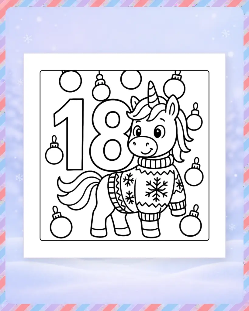 Ausmalbild für den 18. Dezember mit Einhorn im Weihnachtspullover und Christbaumkugeln