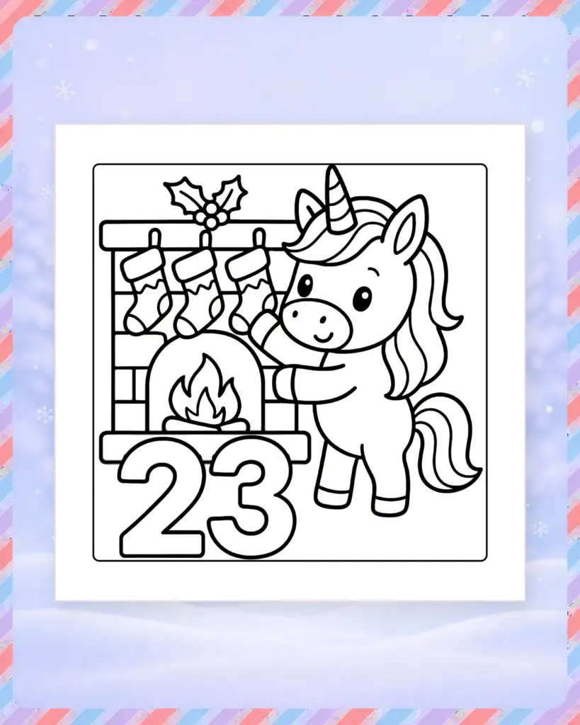 Ausmalbild für den 23. Dezember mit Einhorn am Kamin und Weihnachtsstrümpfen