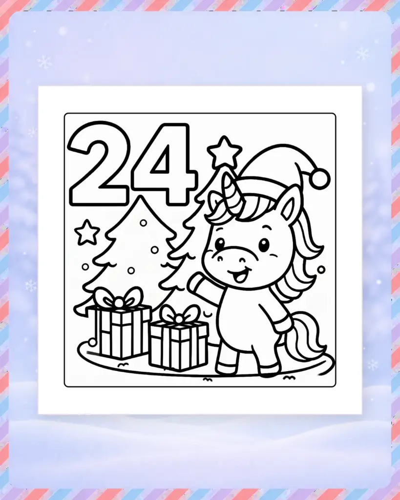 Ausmalbild für den 24. Dezember mit Einhorn, Weihnachtsbaum und Geschenken