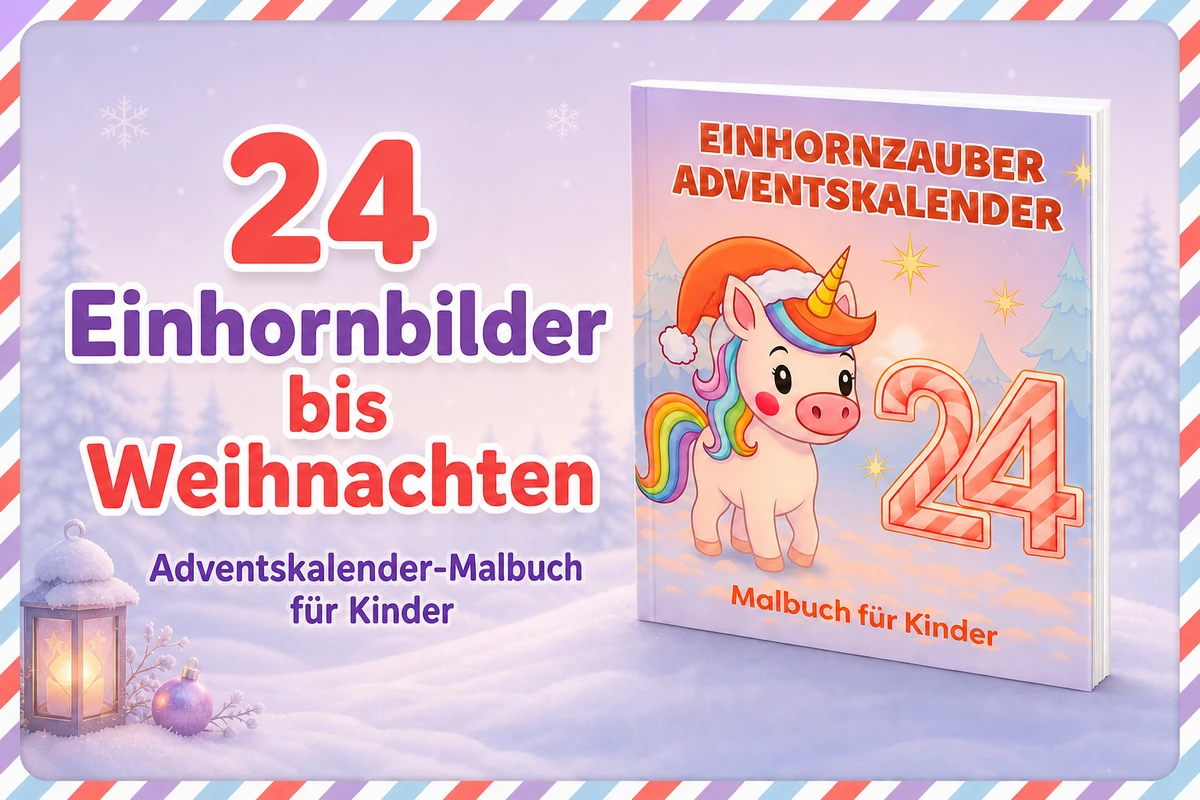 Einhorn-Adventskalender-Malbuch f&uuml;r Kinder mit Buch-Mockup in einer winterlichen Einhornwelt