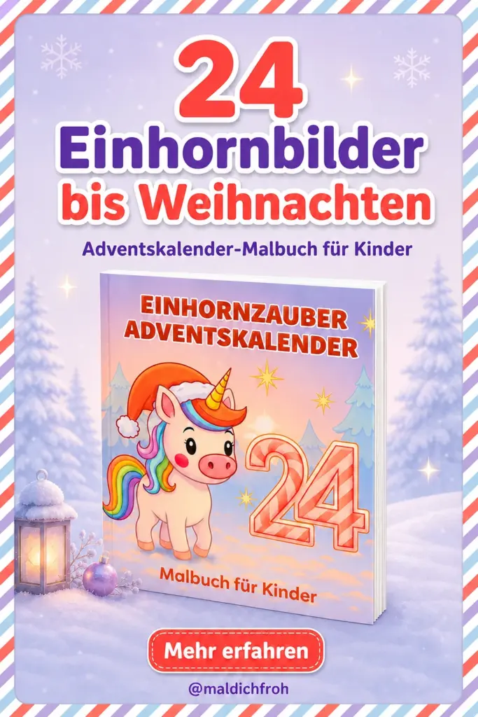 Pinterest-Grafik zum Adventskalender-Malbuch für Kinder mit 24 Einhornbildern