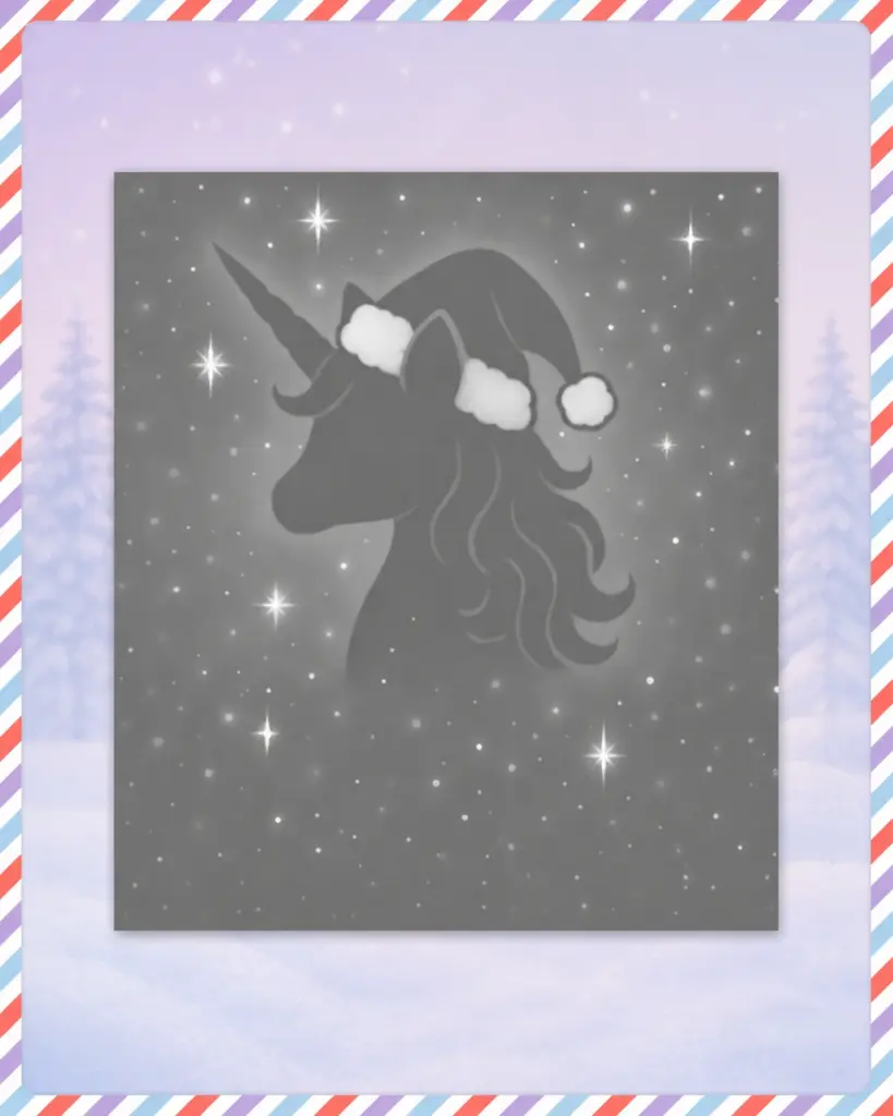 Dunkle Rückseite des Einhorn-Adventskalender-Malbuchs mit Einhornsilhouette, Weihnachtsmütze und Sternen