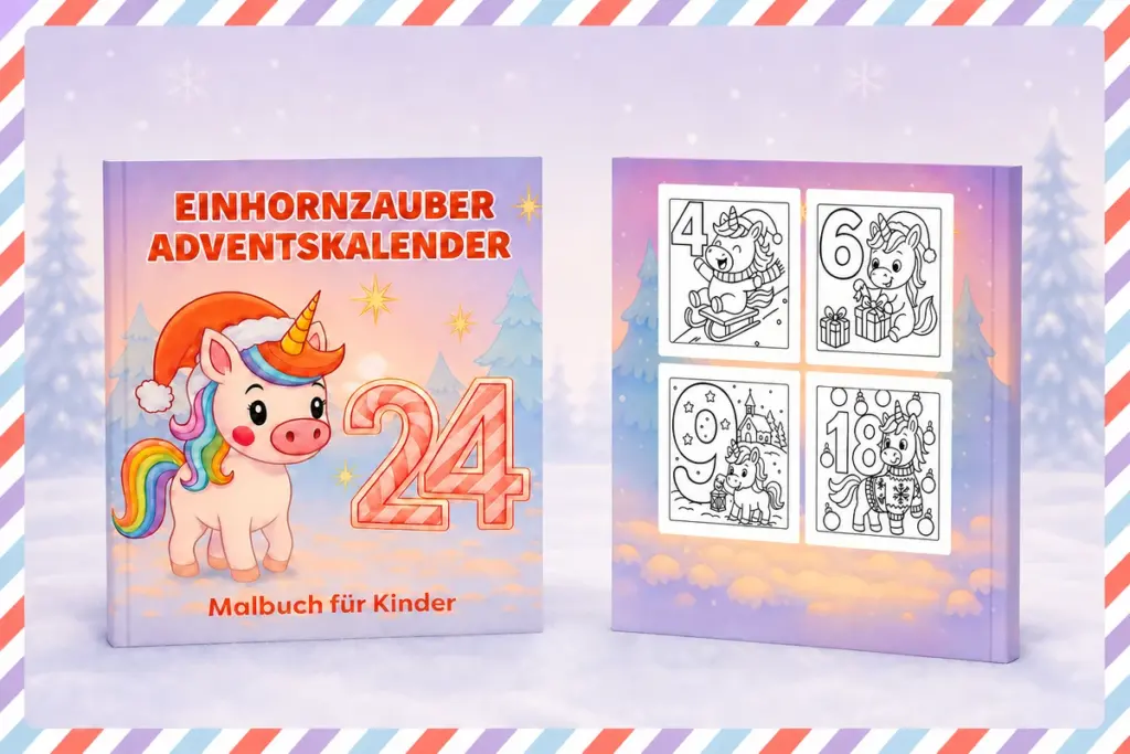 Vorder- und Rückseite des Einhornzauber Adventskalender-Malbuchs für Kinder
