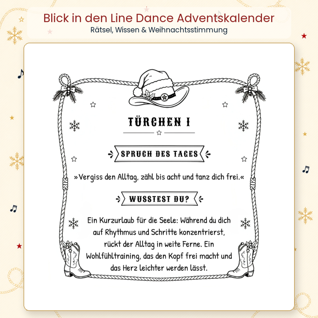 Türchen 1 des Line Dance Adventskalenders mit Spruch des Tages und Wissensabschnitt