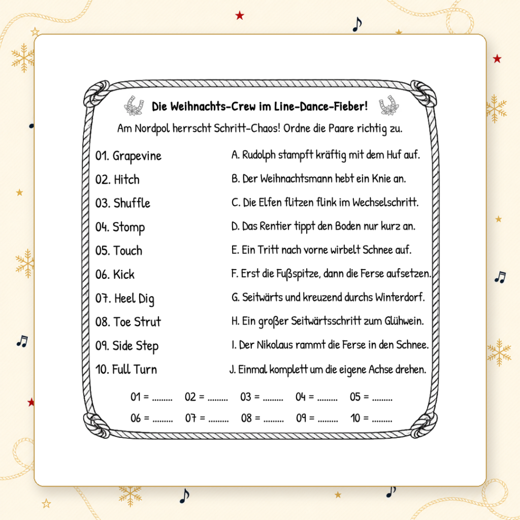 uordnungsrätsel mit Line-Dance-Schritten und weihnachtlichen Beschreibungen