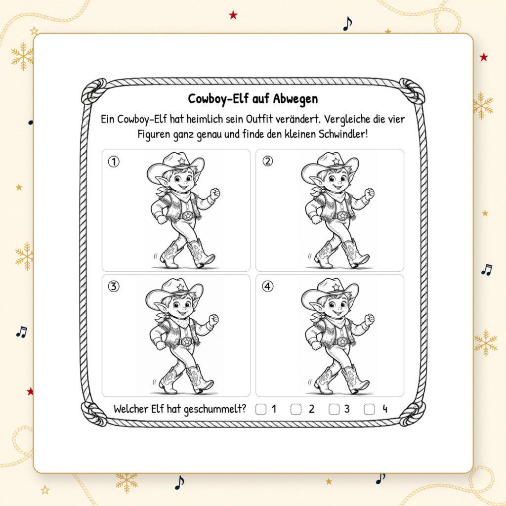 Suchbild mit vier Cowboy-Elfen im Line Dance Adventskalender